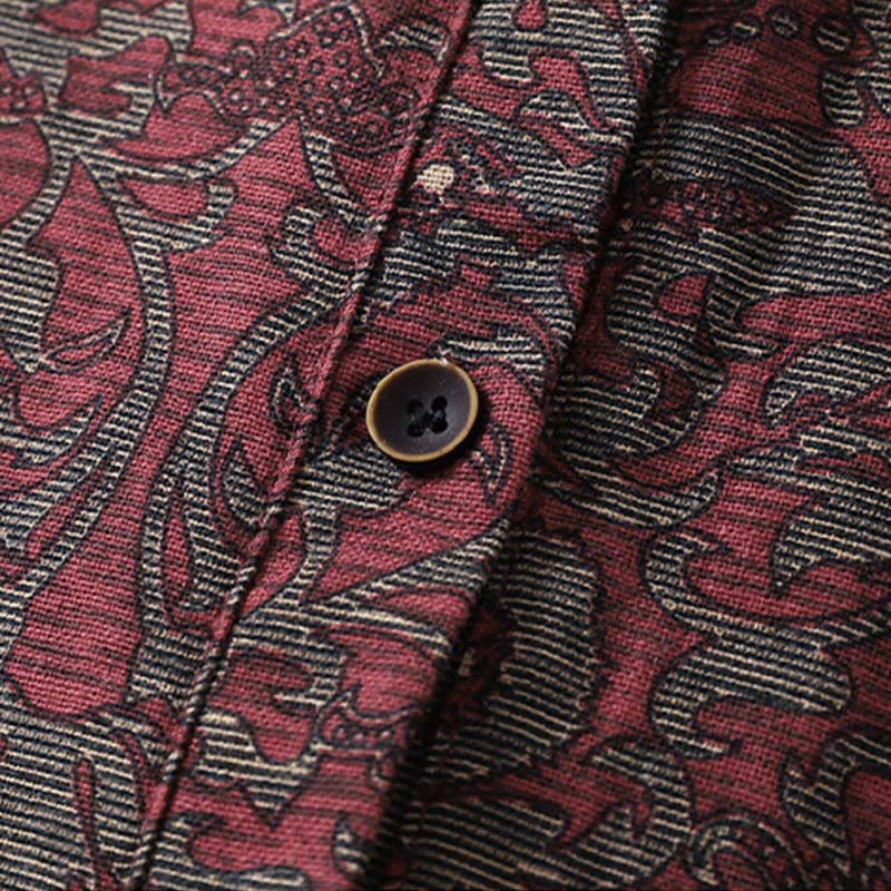 Buddha Stones Brown Retro Printing Floral Pattern Lapel Cotton Linen Midi Dress With Pockets - image 7