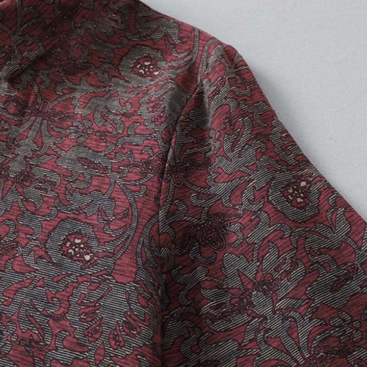 Buddha Stones Brown Printing Floral Pattern Lapel Cotton Linen Long Sleeve Midi Dress With Pockets - image 5