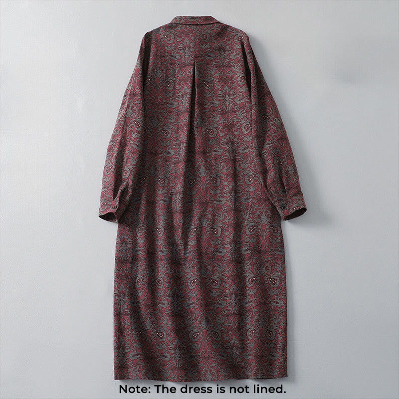Buddha Stones Brown Printing Floral Pattern Lapel Cotton Linen Long Sleeve Midi Dress With Pockets - image 2
