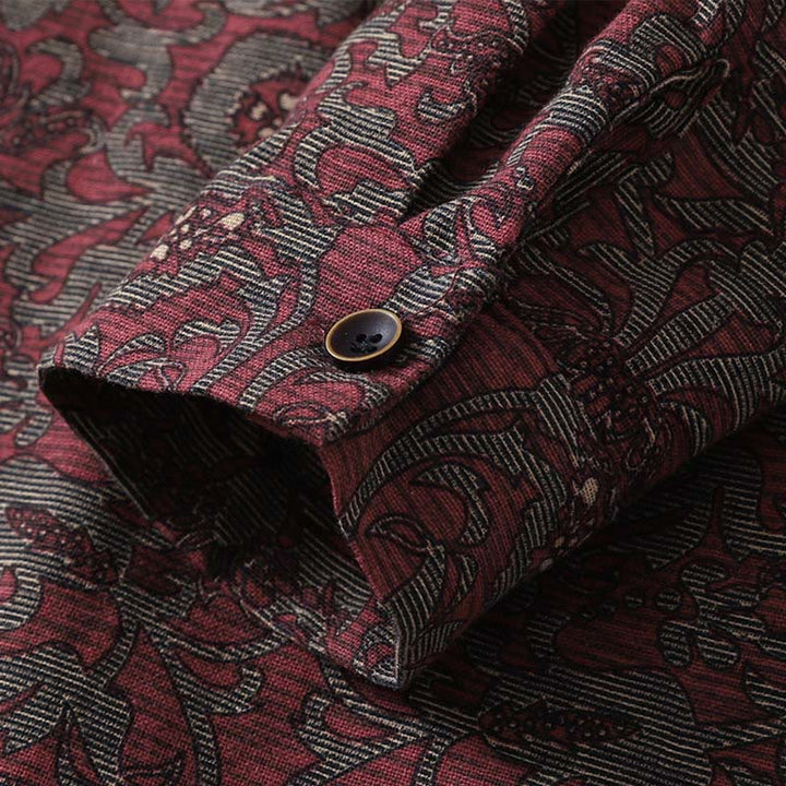 Buddha Stones Brown Printing Floral Pattern Lapel Cotton Linen Long Sleeve Midi Dress With Pockets - image 9