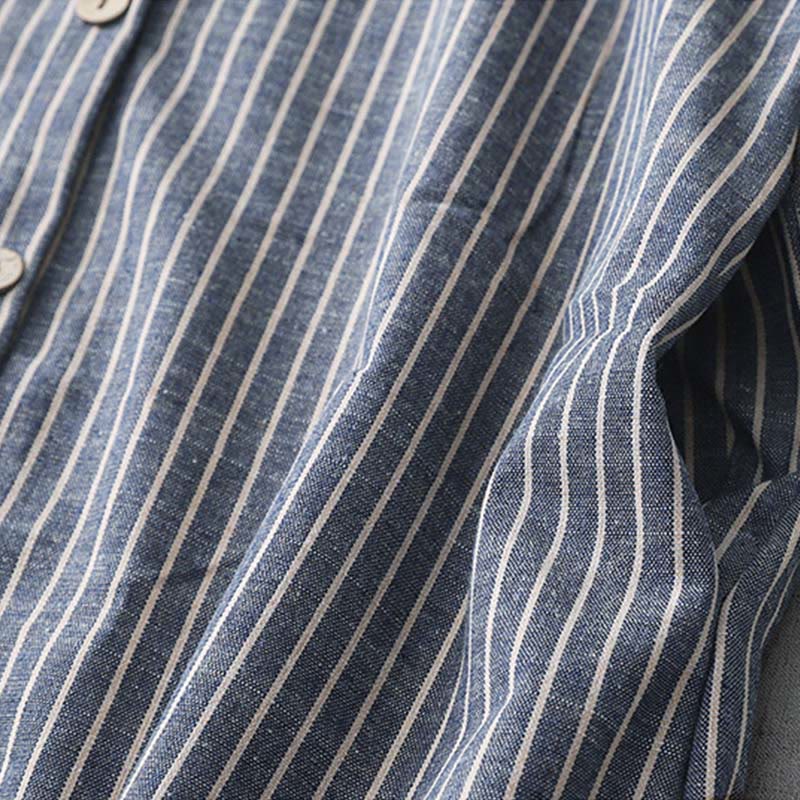 Buddha Stones LightSteelBlue White Striped Long Sleeve Lapel Cotton Linen Midi Dress With Pockets - image 5