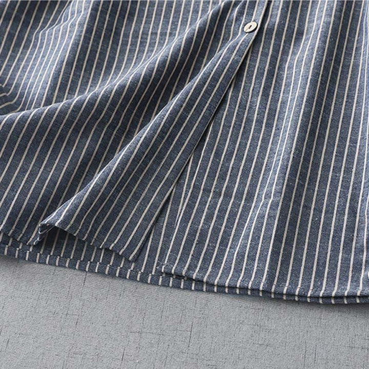 Buddha Stones LightSteelBlue White Striped Long Sleeve Lapel Cotton Linen Midi Dress With Pockets - image 9