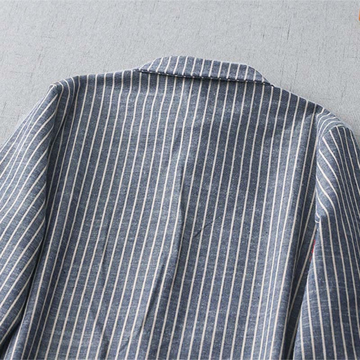 Buddha Stones LightSteelBlue White Striped Long Sleeve Lapel Cotton Linen Midi Dress With Pockets - image 4