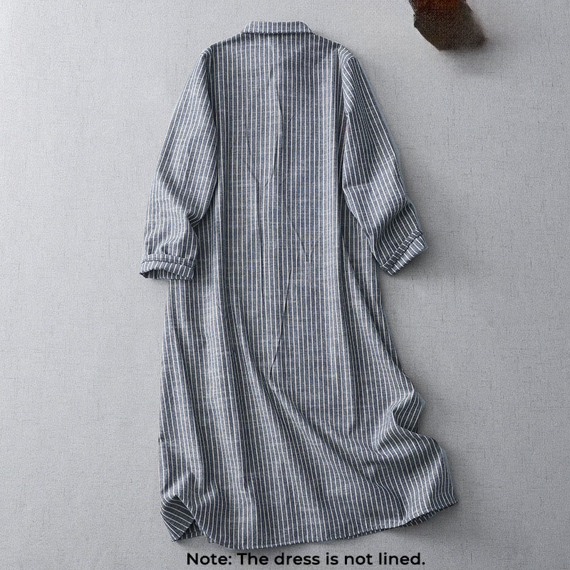 Buddha Stones LightSteelBlue White Striped Long Sleeve Lapel Cotton Linen Midi Dress With Pockets - image 1