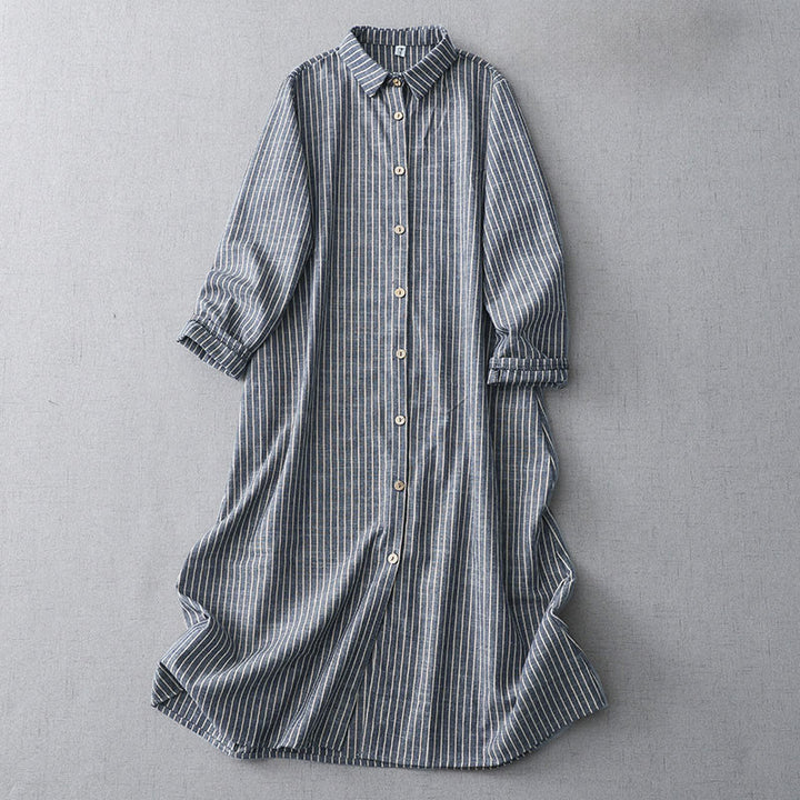 Buddha Stones LightSteelBlue White Striped Long Sleeve Lapel Cotton Linen Midi Dress With Pockets - LightSteelBlue - US8-10，UK/AU12-14，EU40-42 (2XL) - image 0