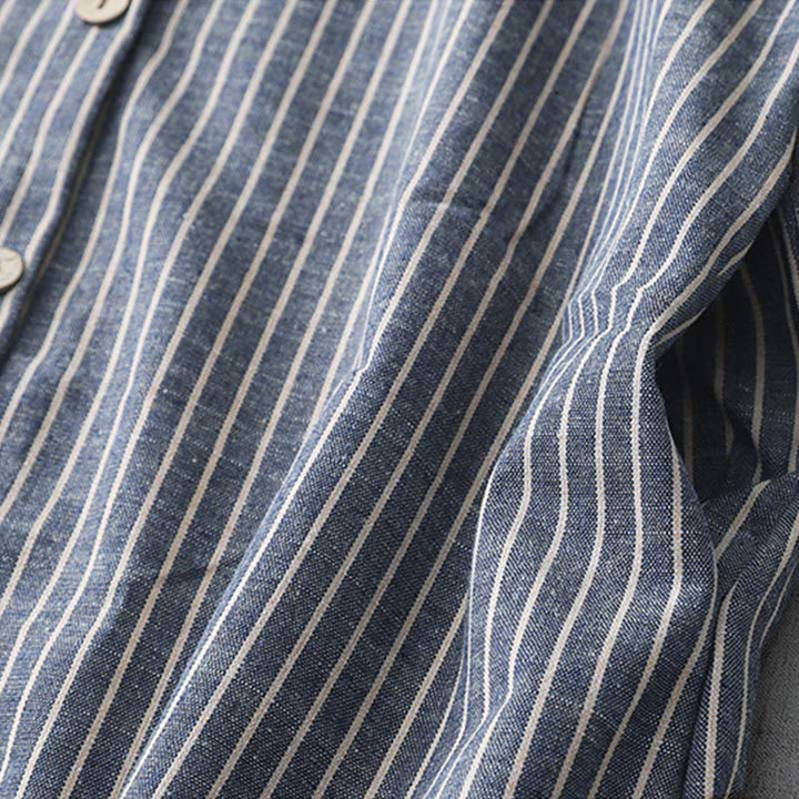 Buddha Stones LightSteelBlue White Striped Long Sleeve Lapel Cotton Linen Midi Dress With Pockets - image 6