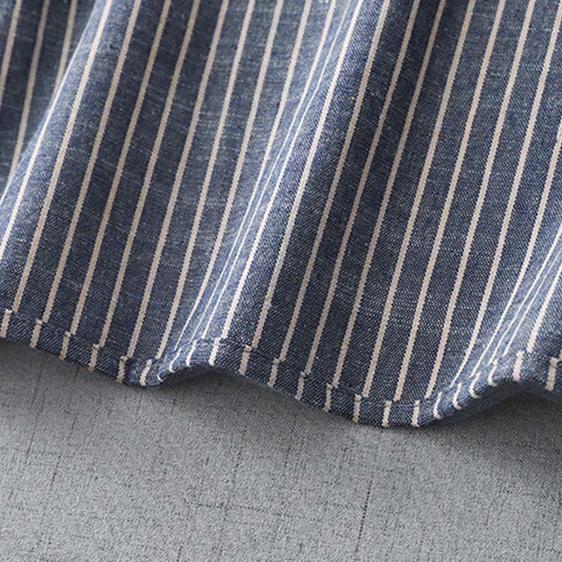 Buddha Stones LightSteelBlue White Striped Button Design Lapel Cotton Linen Midi Dress With Pockets - image 10