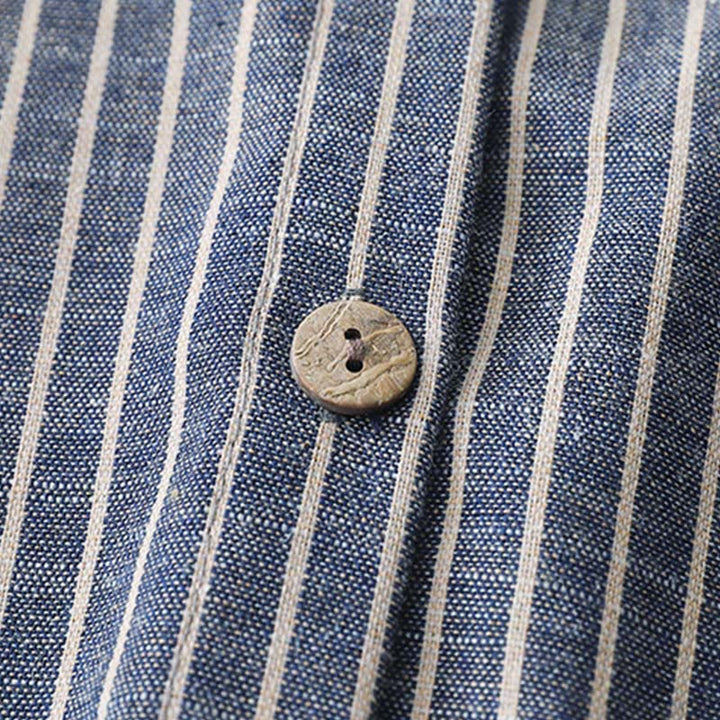 Buddha Stones LightSteelBlue White Striped Long Sleeve Lapel Cotton Linen Midi Dress With Pockets - image 5