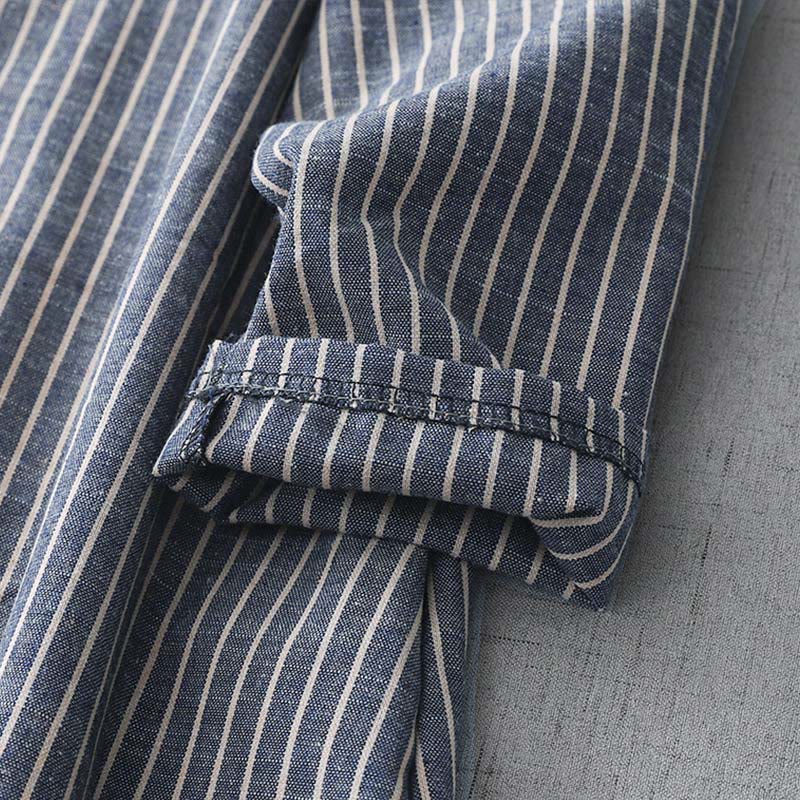 Buddha Stones LightSteelBlue White Striped Button Design Lapel Cotton Linen Midi Dress With Pockets - image 8