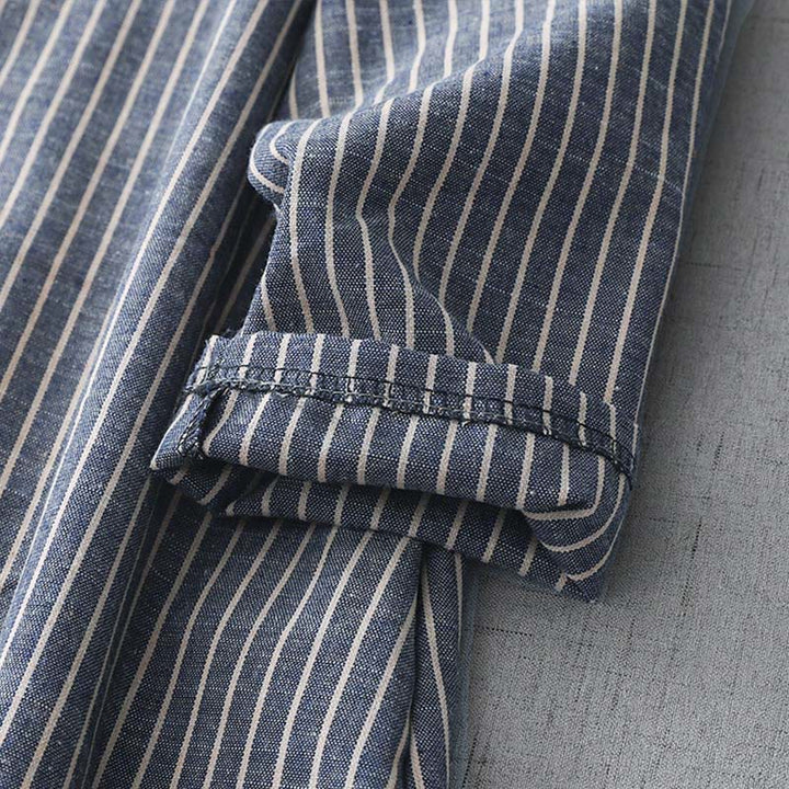 Buddha Stones LightSteelBlue White Striped Long Sleeve Lapel Cotton Linen Midi Dress With Pockets - image 8