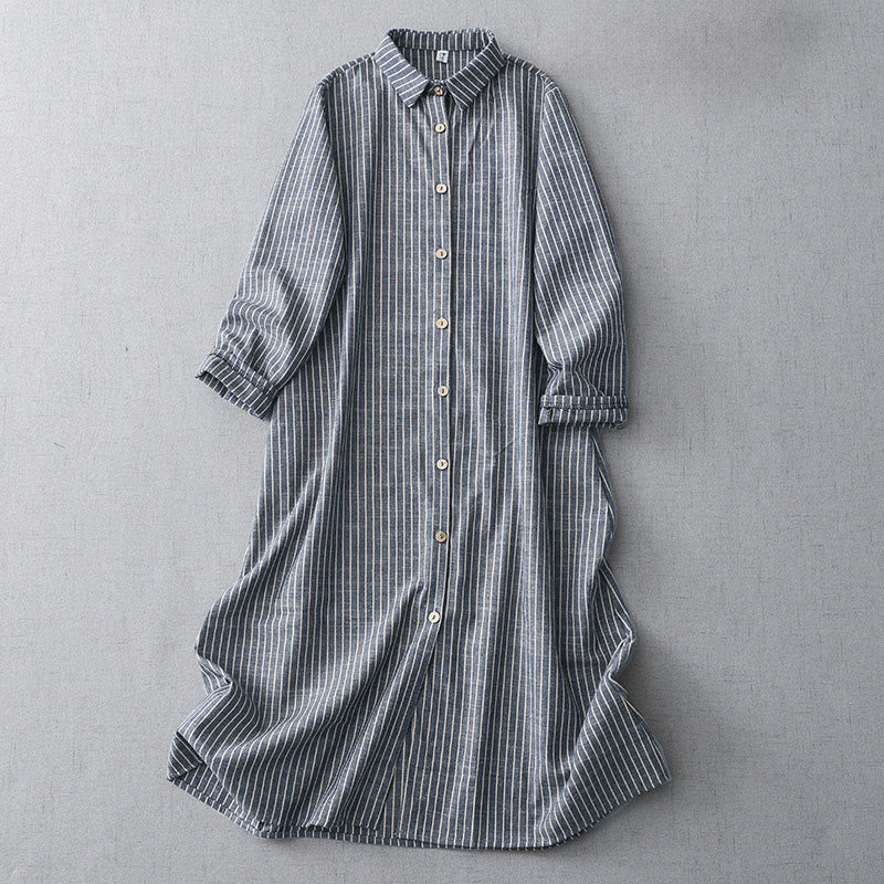 Buddha Stones LightSteelBlue White Striped Button Design Lapel Cotton Linen Midi Dress With Pockets - LightSteelBlue - US8-10，UK/AU12-14，EU40-42 (2XL) - image 1