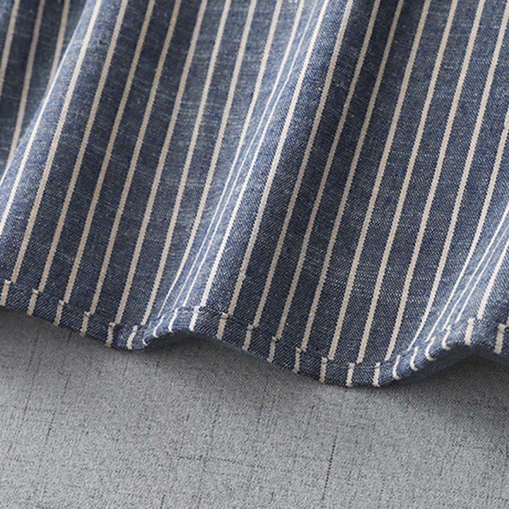 Buddha Stones LightSteelBlue White Striped Long Sleeve Lapel Cotton Linen Midi Dress With Pockets - image 9