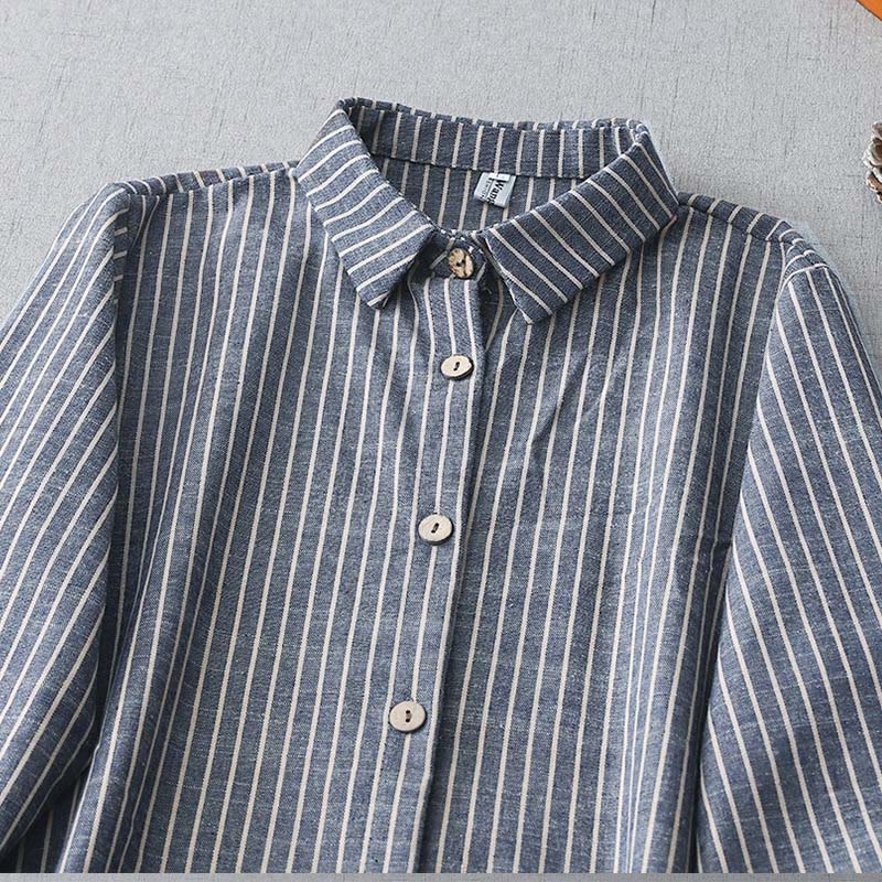 Buddha Stones LightSteelBlue White Striped Long Sleeve Lapel Cotton Linen Midi Dress With Pockets - image 3