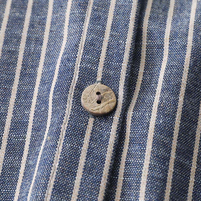 Buddha Stones LightSteelBlue White Striped Button Design Lapel Cotton Linen Midi Dress With Pockets - image 5