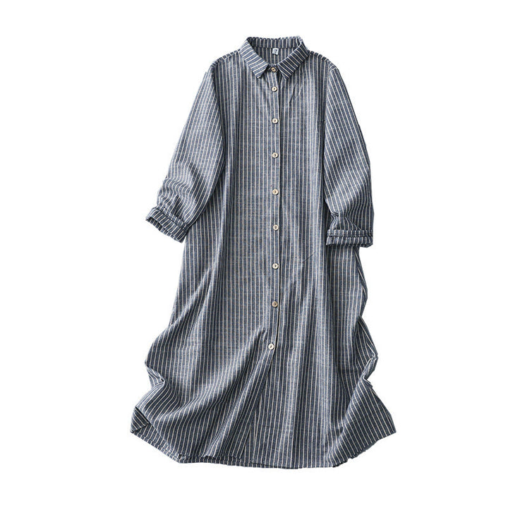 Buddha Stones LightSteelBlue White Striped Long Sleeve Lapel Cotton Linen Midi Dress With Pockets - image 11