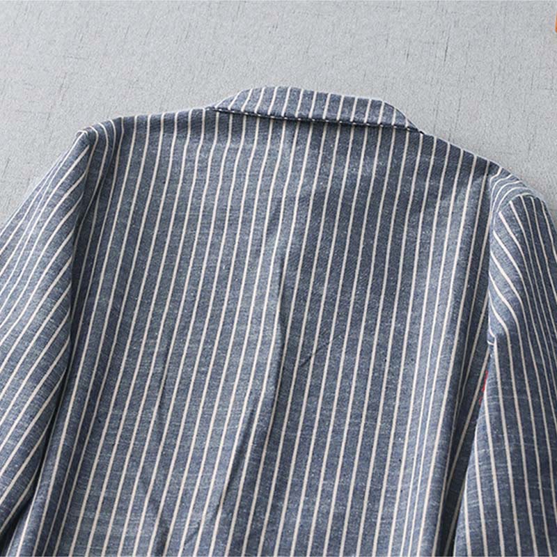 Buddha Stones LightSteelBlue White Striped Long Sleeve Lapel Cotton Linen Midi Dress With Pockets - image 3