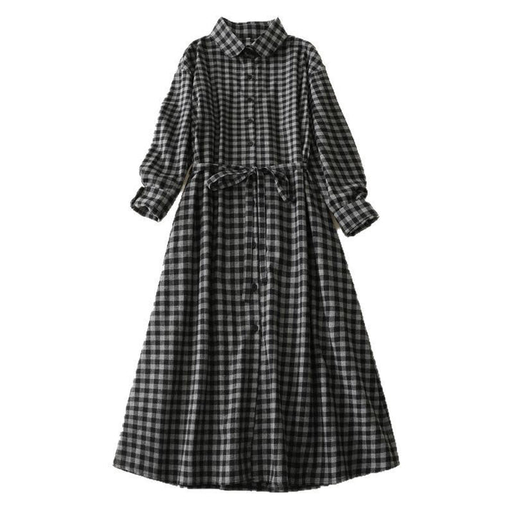 Buddha Stones Black Lace-Up Design Plaid Lapel Cotton Linen Midi Dress With Pockets - image 12