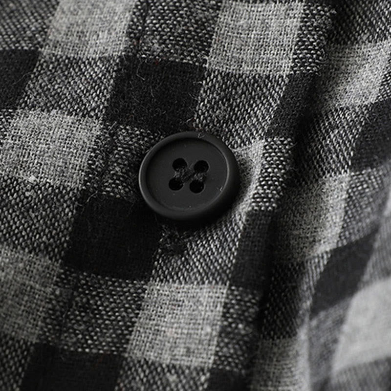 Buddha Stones Black Lace-Up Design Plaid Lapel Cotton Linen Midi Dress With Pockets - image 6