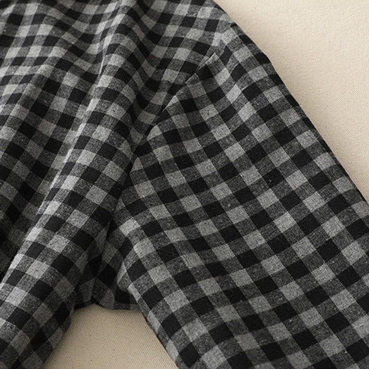 Buddha Stones Black Lace-Up Design Plaid Lapel Long Sleeve Cotton Linen Midi Dress With Pockets - image 8