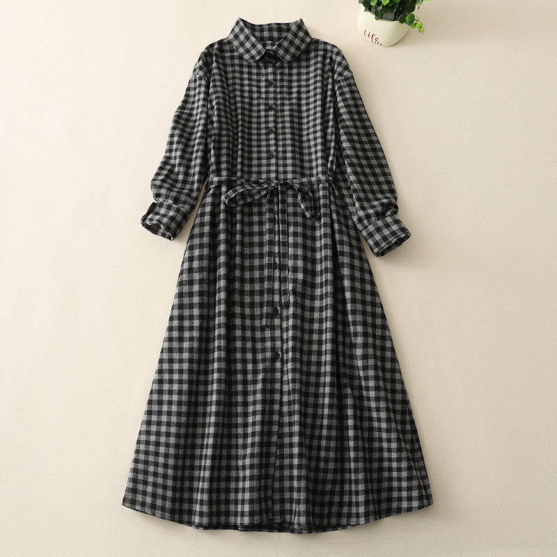 Buddha Stones Black Lace-Up Design Plaid Lapel Long Sleeve Cotton Linen Midi Dress With Pockets - Black - US8-10，UK/AU12-14，EU40-42 (2XL) - image 1