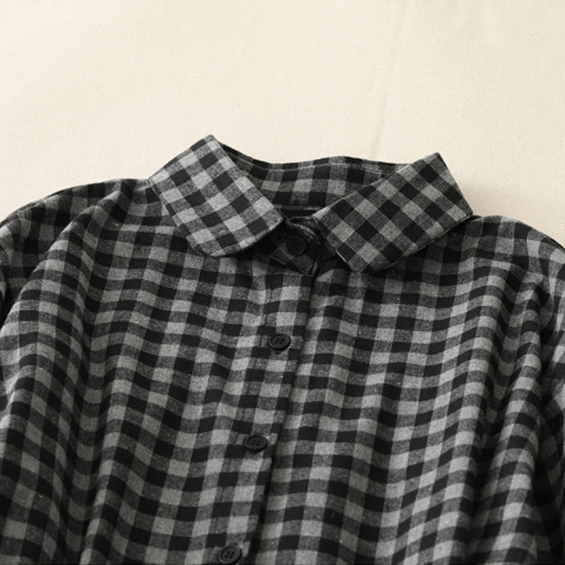 Buddha Stones Black Lace-Up Design Plaid Lapel Long Sleeve Cotton Linen Midi Dress With Pockets - image 2