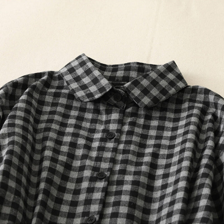 Buddha Stones Black Lace-Up Design Plaid Lapel Long Sleeve Cotton Linen Midi Dress With Pockets - image 2