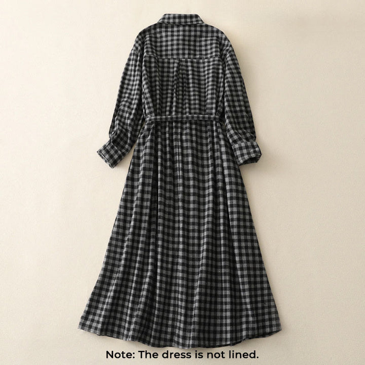 Buddha Stones Black Lace-Up Design Plaid Lapel Cotton Linen Midi Dress With Pockets - image 2