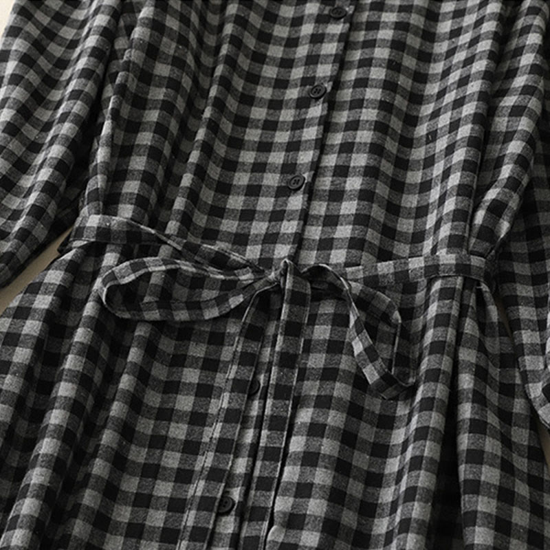 Buddha Stones Black Lace-Up Design Plaid Lapel Long Sleeve Cotton Linen Midi Dress With Pockets - image 5
