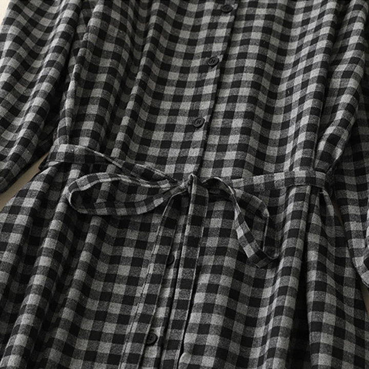 Buddha Stones Black Lace-Up Design Plaid Lapel Cotton Linen Midi Dress With Pockets - image 5