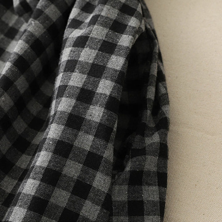 Buddha Stones Black Lace-Up Design Plaid Lapel Long Sleeve Cotton Linen Midi Dress With Pockets - image 7