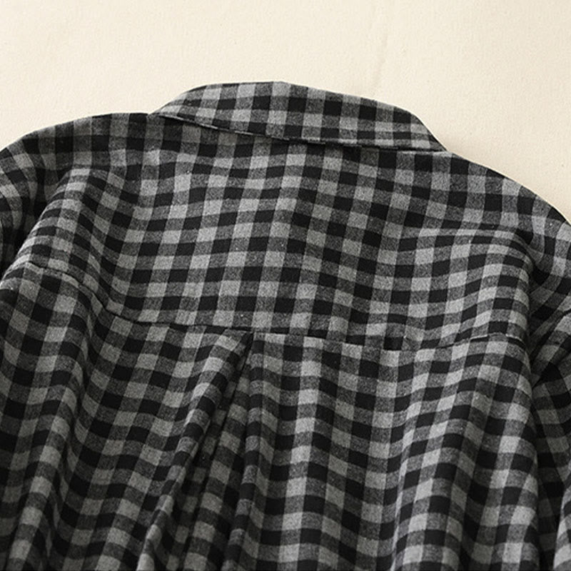 Buddha Stones Black Lace-Up Design Plaid Lapel Long Sleeve Cotton Linen Midi Dress With Pockets - image 3