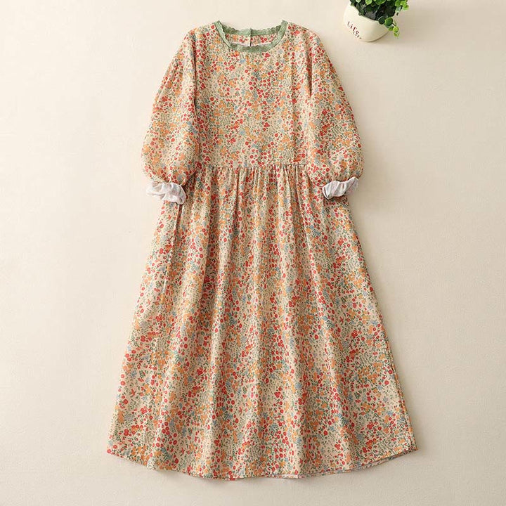 Buddha Stones Casual Floral Lace Crew Neck Balloon Long Sleeve Cotton Linen Midi Dress With Pockets - Khaki - US8-10，UK/AU12-14，EU40-42 (2XL) - image 5