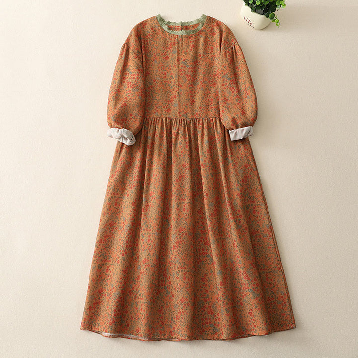 Buddha Stones Casual Floral Lace Crew Neck Balloon Long Sleeve Cotton Linen Midi Dress With Pockets - DarkOrange - US8-10，UK/AU12-14，EU40-42 (2XL) - image 1