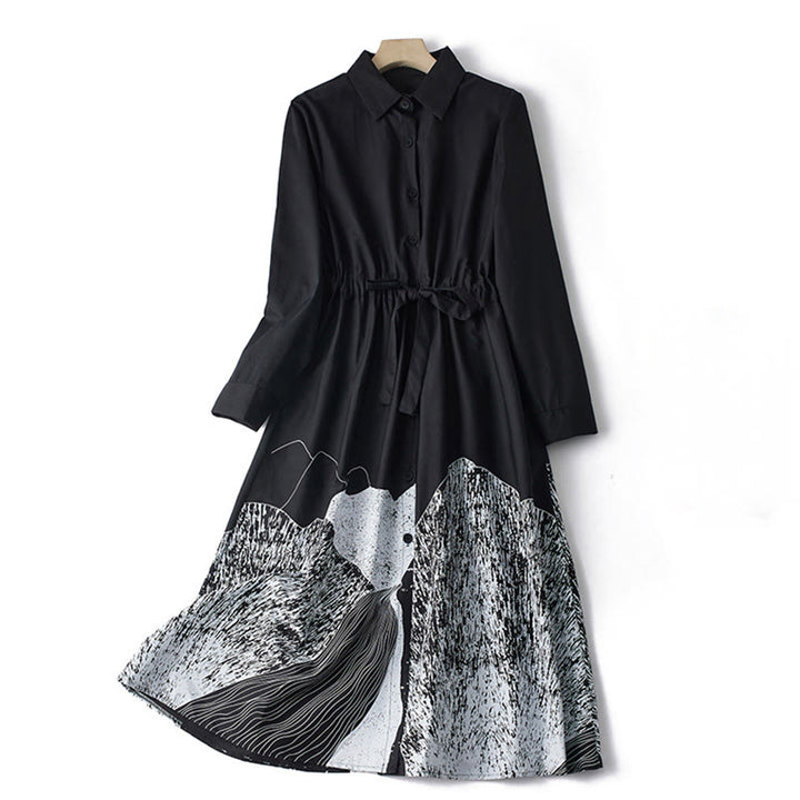 Buddha Stones Printing Irregular Lines Long Sleeve Lace-up Lapel Cotton Midi Dress With Pockets - Black - US8-10，UK/AU12-14，EU40-42 (2XL) - image 1