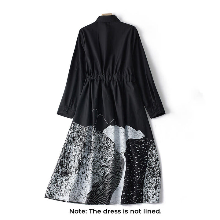 Buddha Stones Printing Irregular Lines Long Sleeve Lace-up Lapel Cotton Midi Dress With Pockets - image 1