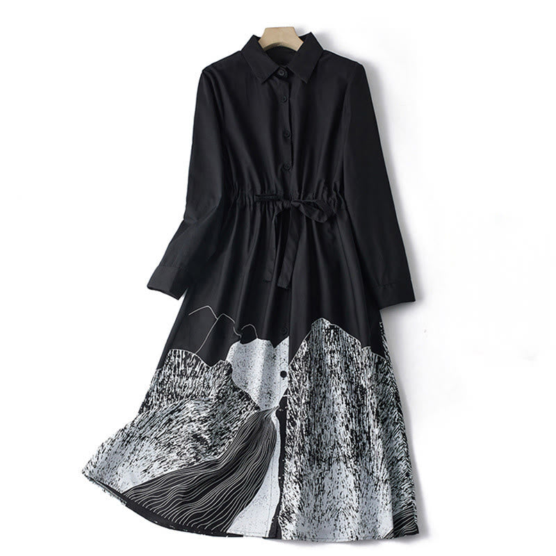 Buddha Stones Printing Irregular Lines Back Lace-up Design Lapel Cotton Midi Dress With Pockets - Black - US8-10，UK/AU12-14，EU40-42 (2XL) - image 1