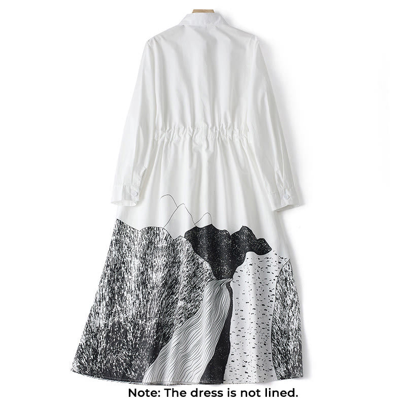 Buddha Stones Printing Irregular Lines Back Lace-up Design Lapel Cotton Midi Dress With Pockets - image 11