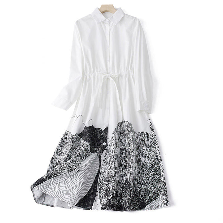 Buddha Stones Printing Irregular Lines Long Sleeve Lace-up Lapel Cotton Midi Dress With Pockets - White - US8-10，UK/AU12-14，EU40-42 (2XL) - image 9