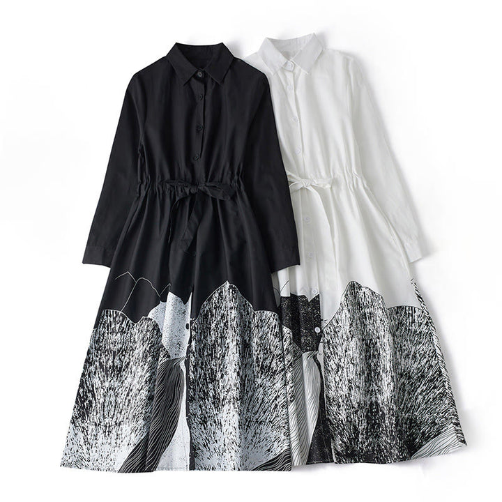 Buddha Stones Printing Irregular Lines Long Sleeve Lace-up Lapel Cotton Midi Dress With Pockets - image 15