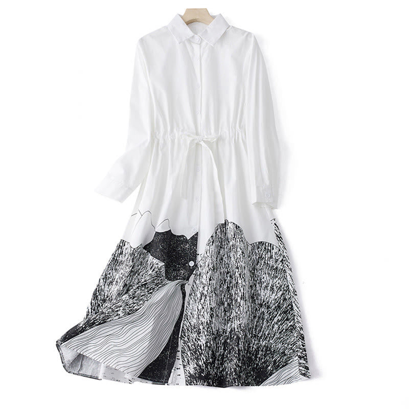 Buddha Stones Printing Irregular Lines Back Lace-up Design Lapel Cotton Midi Dress With Pockets - White - US8-10，UK/AU12-14，EU40-42 (2XL) - image 10