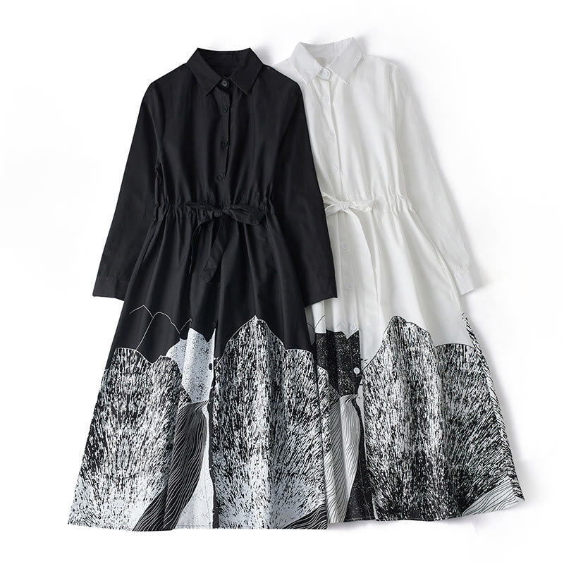 Buddha Stones Printing Irregular Lines Back Lace-up Design Lapel Cotton Midi Dress With Pockets - image 16