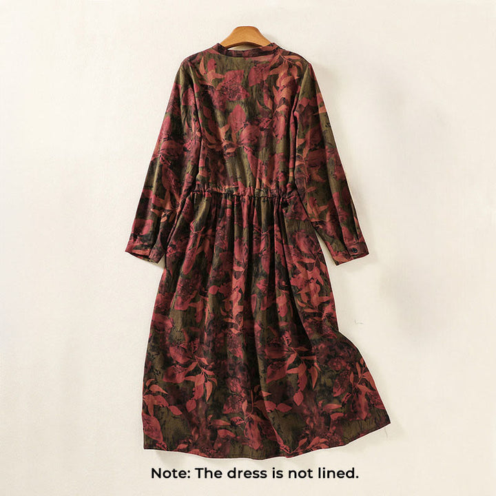 Buddha Stones Casual Printing Drawstring Chinese Frog-Button Cotton Linen Midi Dress With Pockets - image 10