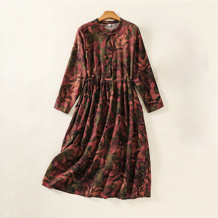 Buddha Stones Printing Drawstring Frog-Button Cotton Linen Long Sleeve Midi Dress With Pockets - Brown - US8-10，UK/AU12-14，EU40-42 (2XL) - image 9