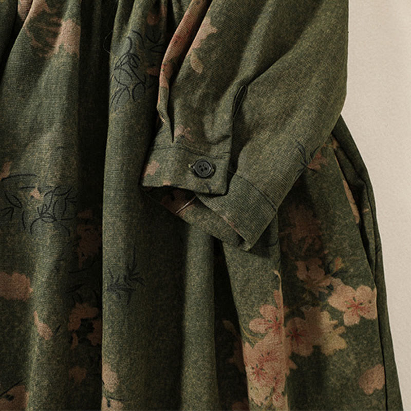 Buddha Stones Casual Printing Drawstring Chinese Frog-Button Cotton Linen Midi Dress With Pockets - image 7