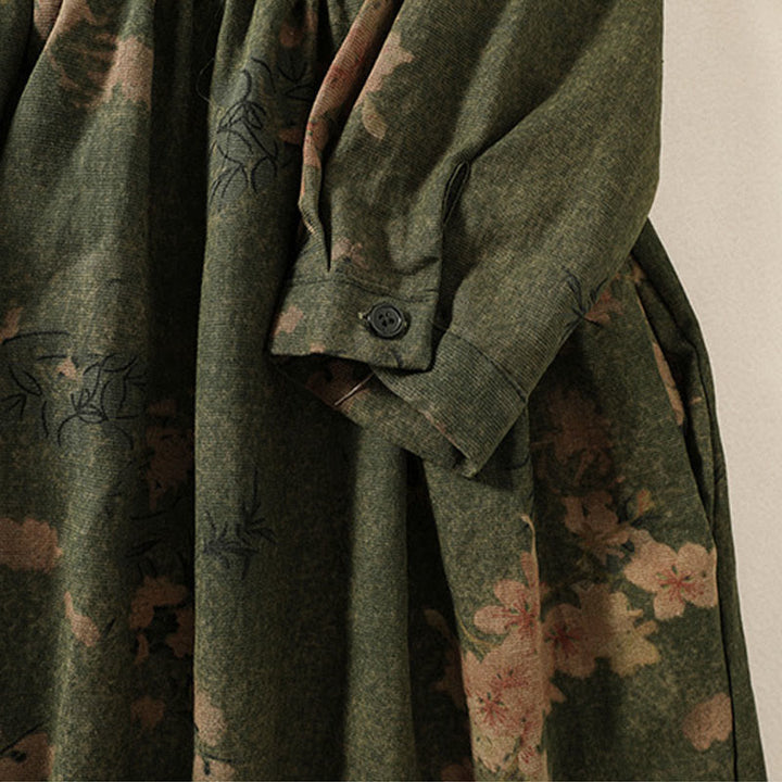 Buddha Stones Casual Printing Drawstring Chinese Frog-Button Cotton Linen Midi Dress With Pockets - image 7