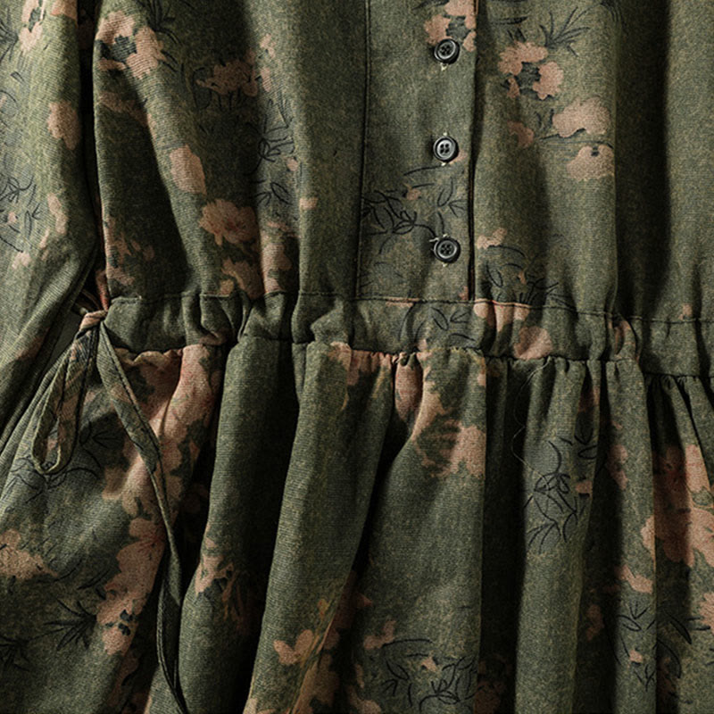 Buddha Stones Casual Printing Drawstring Chinese Frog-Button Cotton Linen Midi Dress With Pockets - image 5