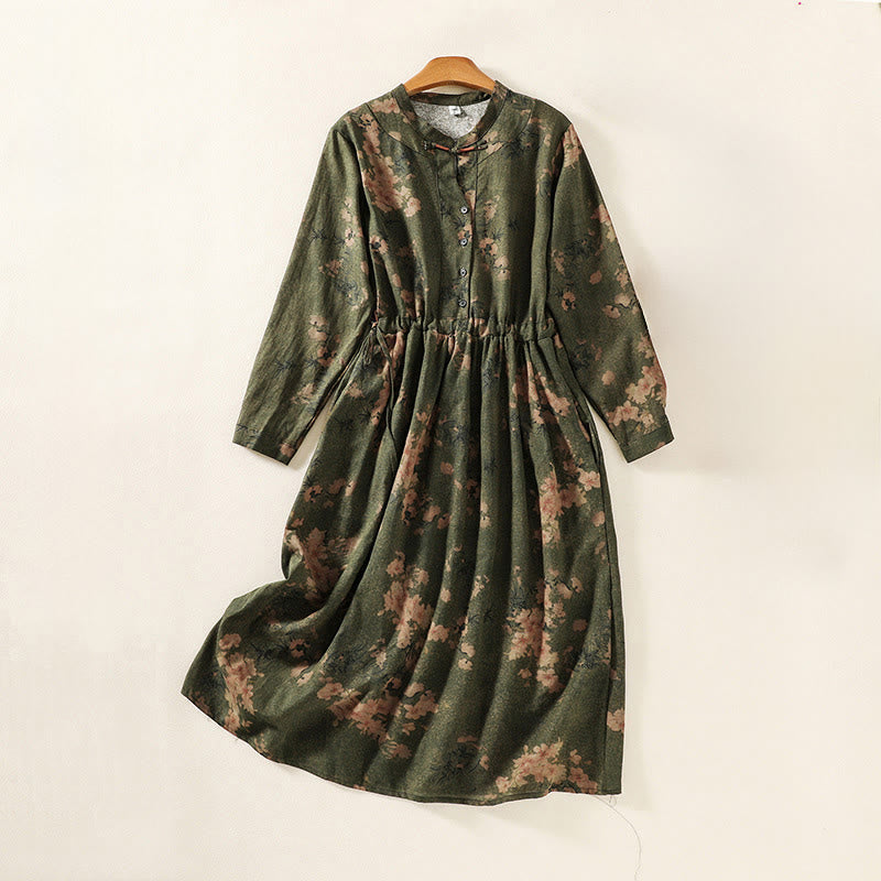 Buddha Stones Printing Drawstring Frog-Button Cotton Linen Long Sleeve Midi Dress With Pockets - DarkOliveGreen - US8-10，UK/AU12-14，EU40-42 (2XL) - image 1