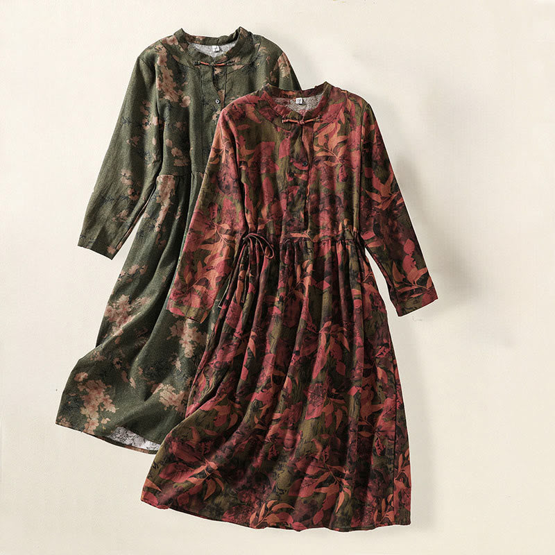 Buddha Stones Casual Printing Drawstring Chinese Frog-Button Cotton Linen Midi Dress With Pockets - image 20