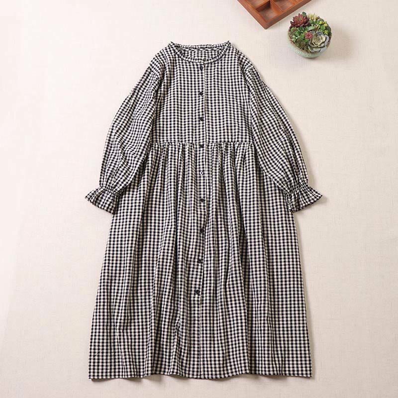 Buddha Stones Long Sleeve Plaid Simple Buttons Ruffled Design Cotton Linen Midi Dress With Pockets - Black DarkGreen Plaid - US8-10，UK/AU12-14，EU40-42 (2XL) - image 7