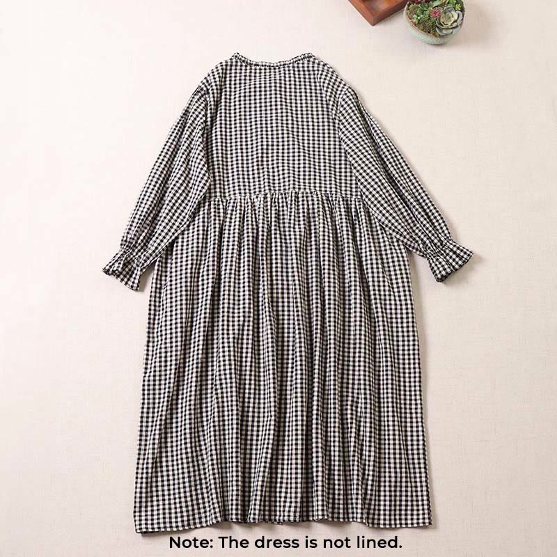 Buddha Stones Casual Plaid Simple Buttons Ruffled Design Cotton Linen Midi Dress With Pockets - image 8